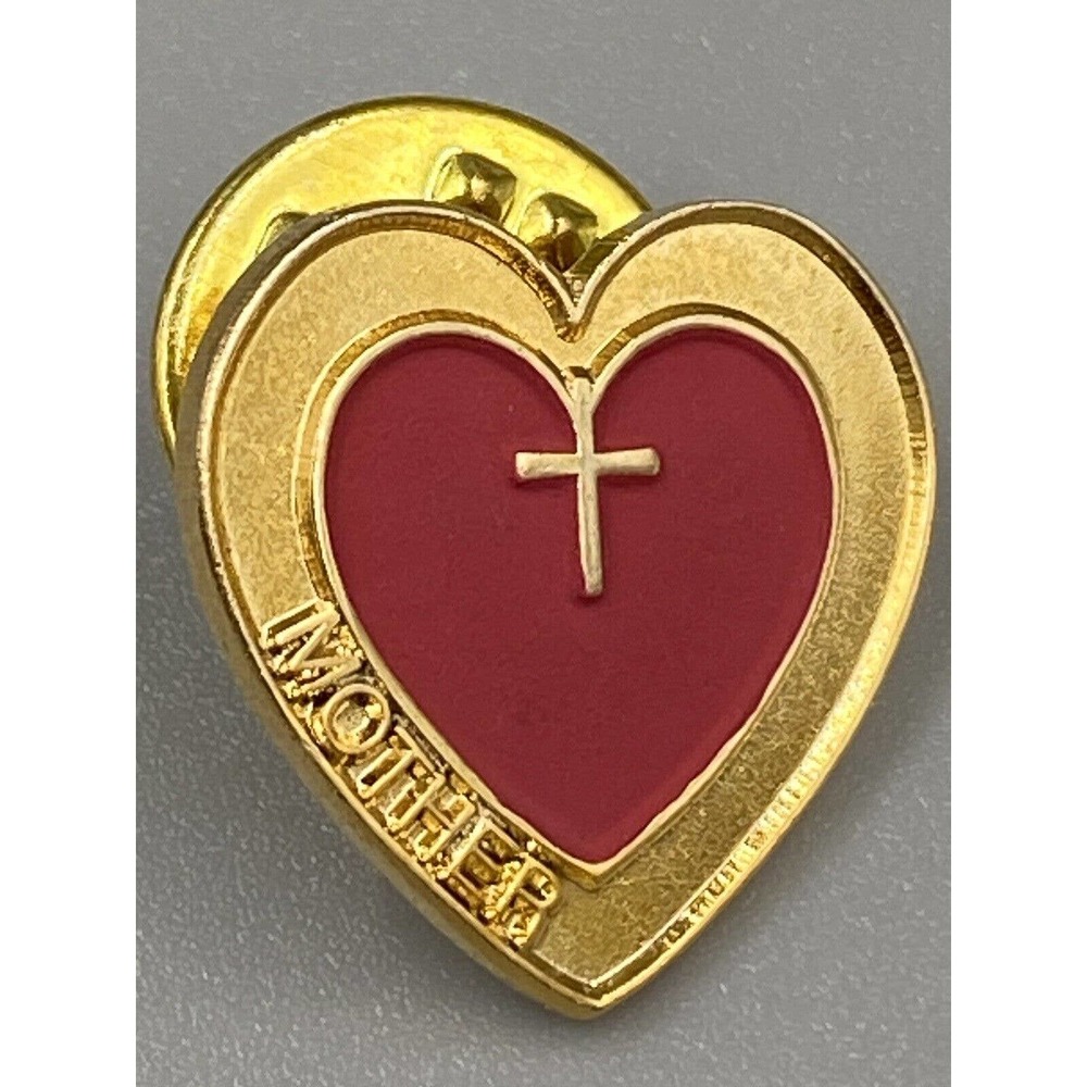 Heart Shaped "Mother" With Cross Gold Colored Lapel Hat Pin